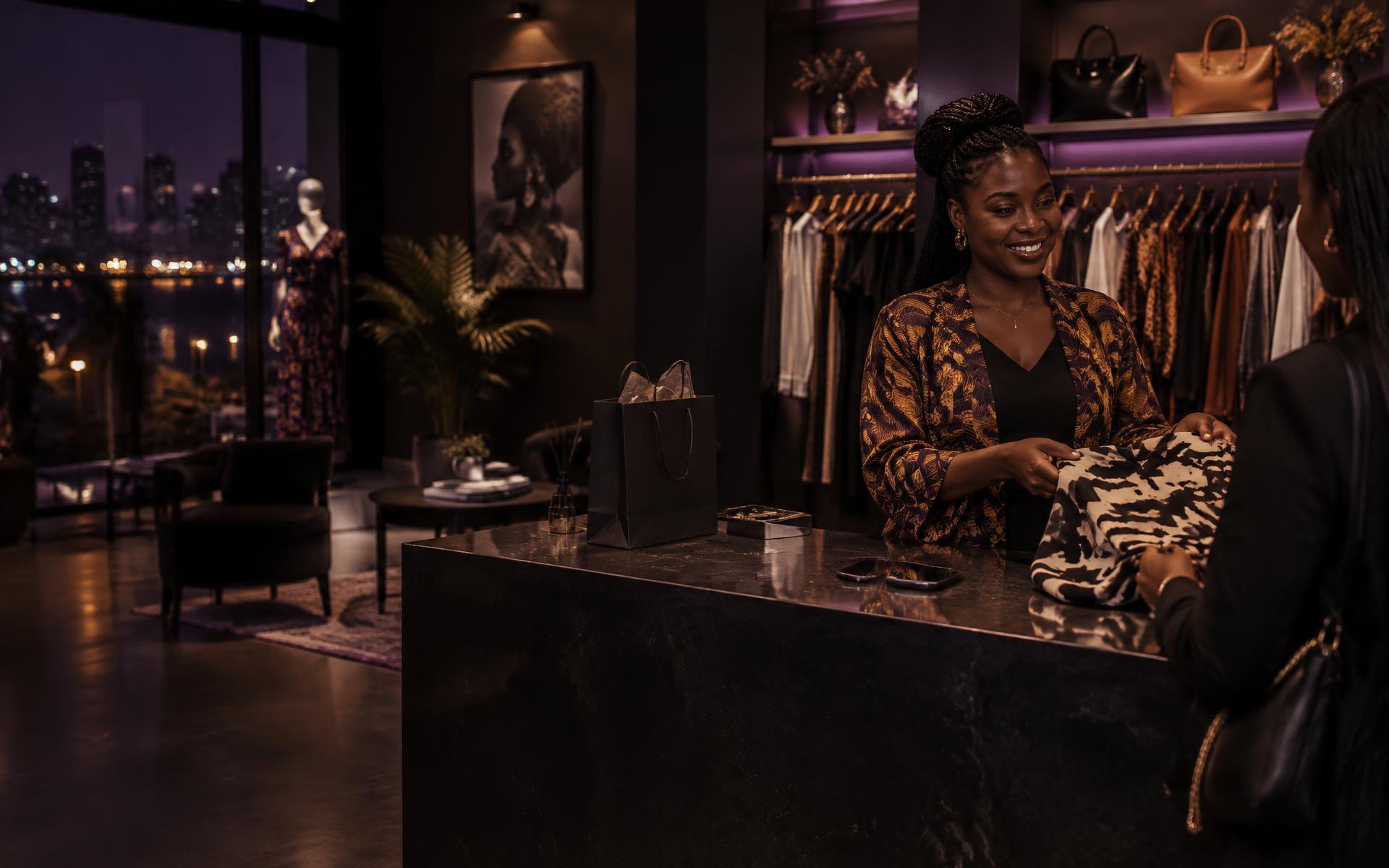 Empreendedora angolana a atender uma cliente na sua loja